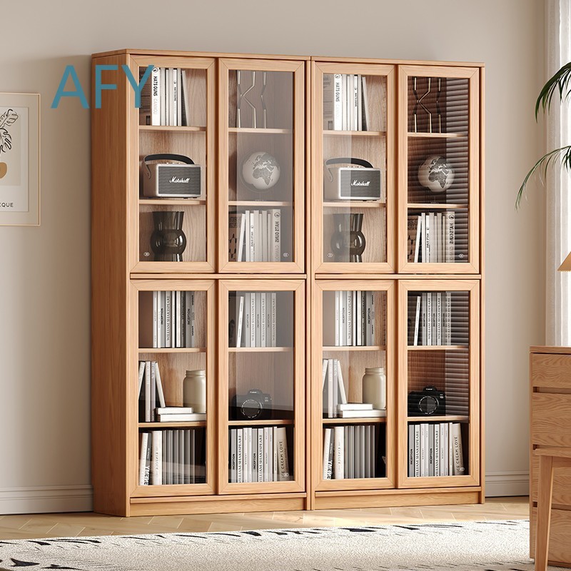 Muji Home Storage - ตู้หนังสือไม้โอ๊คแข็งพร้อมประตูกระจกบานเลื่อนและชั้นวางของสำหรับเฟอร์นิเจอร์จัดเก็บของในห้องนอน ห้องทำงาน หรือห้องอ่านหนังสือสไตล์โมเดิร์น สำหรับ IKEA MUJI