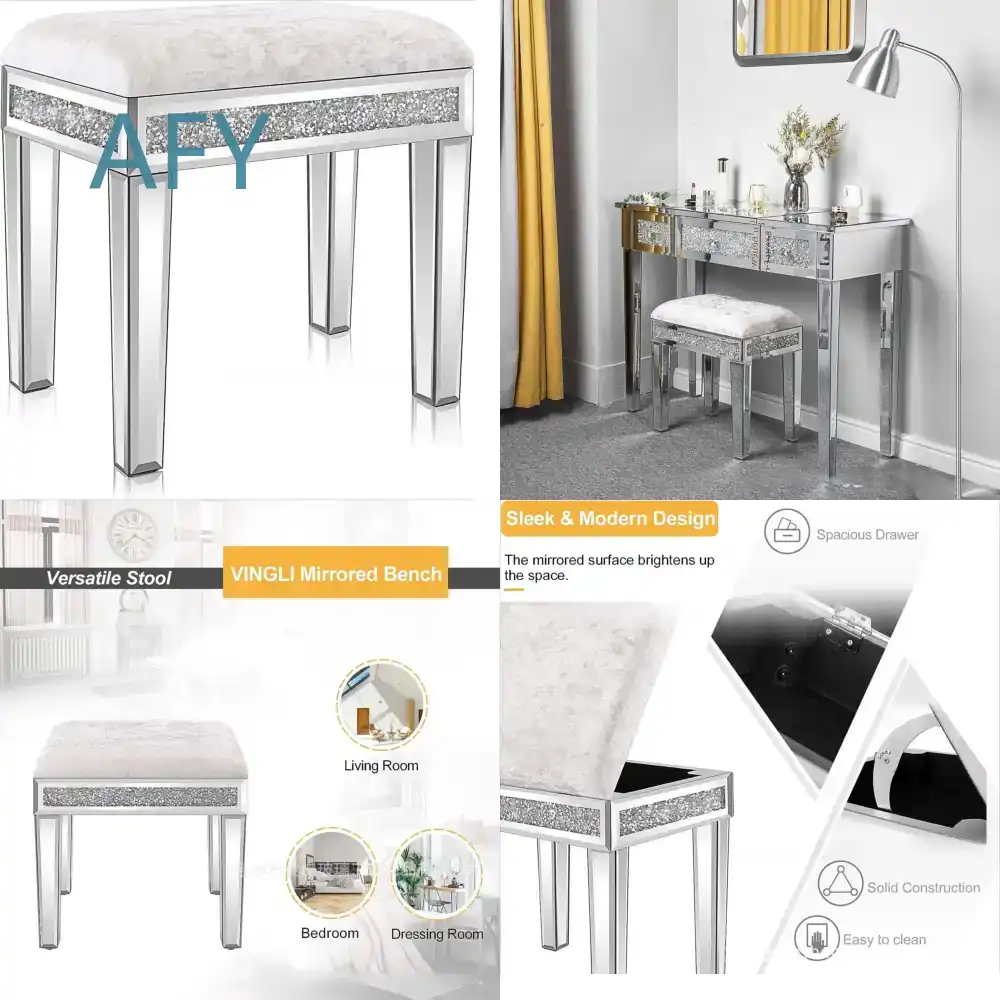 Muji Home Storage - เก้าอี้สตูลหุ้มกำมะหยี่พร้อมกระจกและพื้นที่เก็บของ สำหรับห้องนอน โต๊ะเครื่องแป้ง เหมาะสำหรับ IKEA MUJI